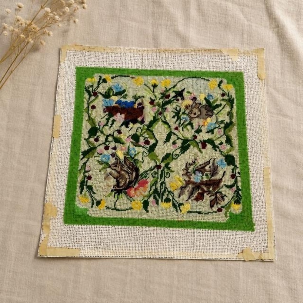 Vintage Woodland Needlepoint Birds Squirrel Rabbit Floral Completed Canvas